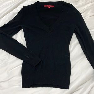 V-neck, cinched waisted black sweater